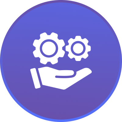 White hand holding two gears on a purple circular background.