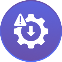 Gear with warning and download symbols icon.