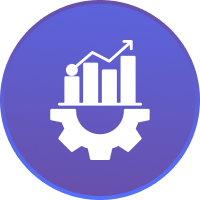 Graph and gear icon on purple background.