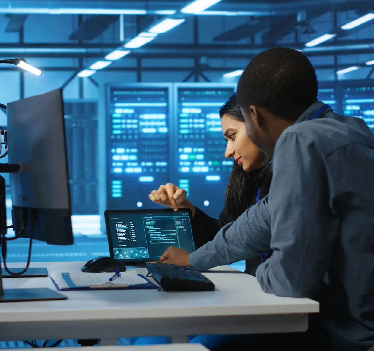 Two people collaborating in a server room.