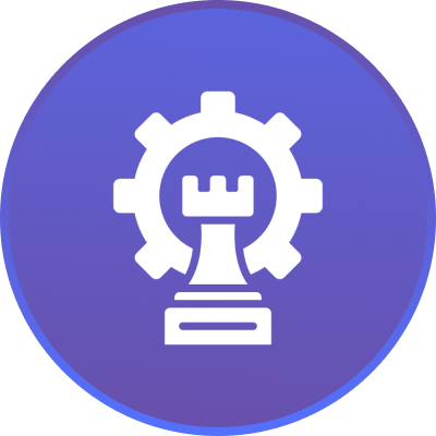 A white chess rook and gear icon on a blue circular background.
