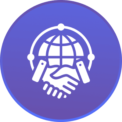Handshake and globe icon on blue background.